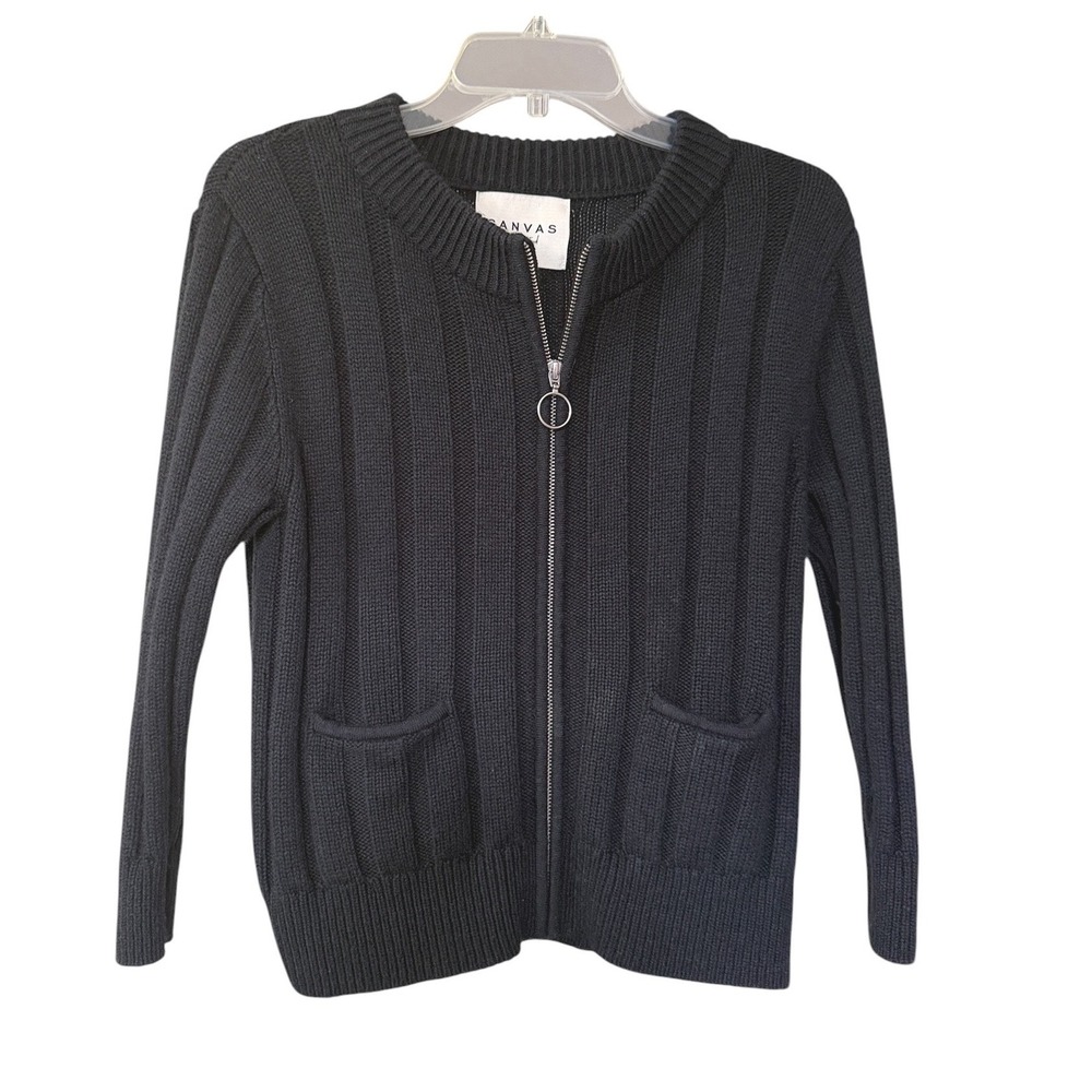 Canvas by Lands End Black Merino Wool Cashmere Ribbed Zip Up Cardigan Sweater S